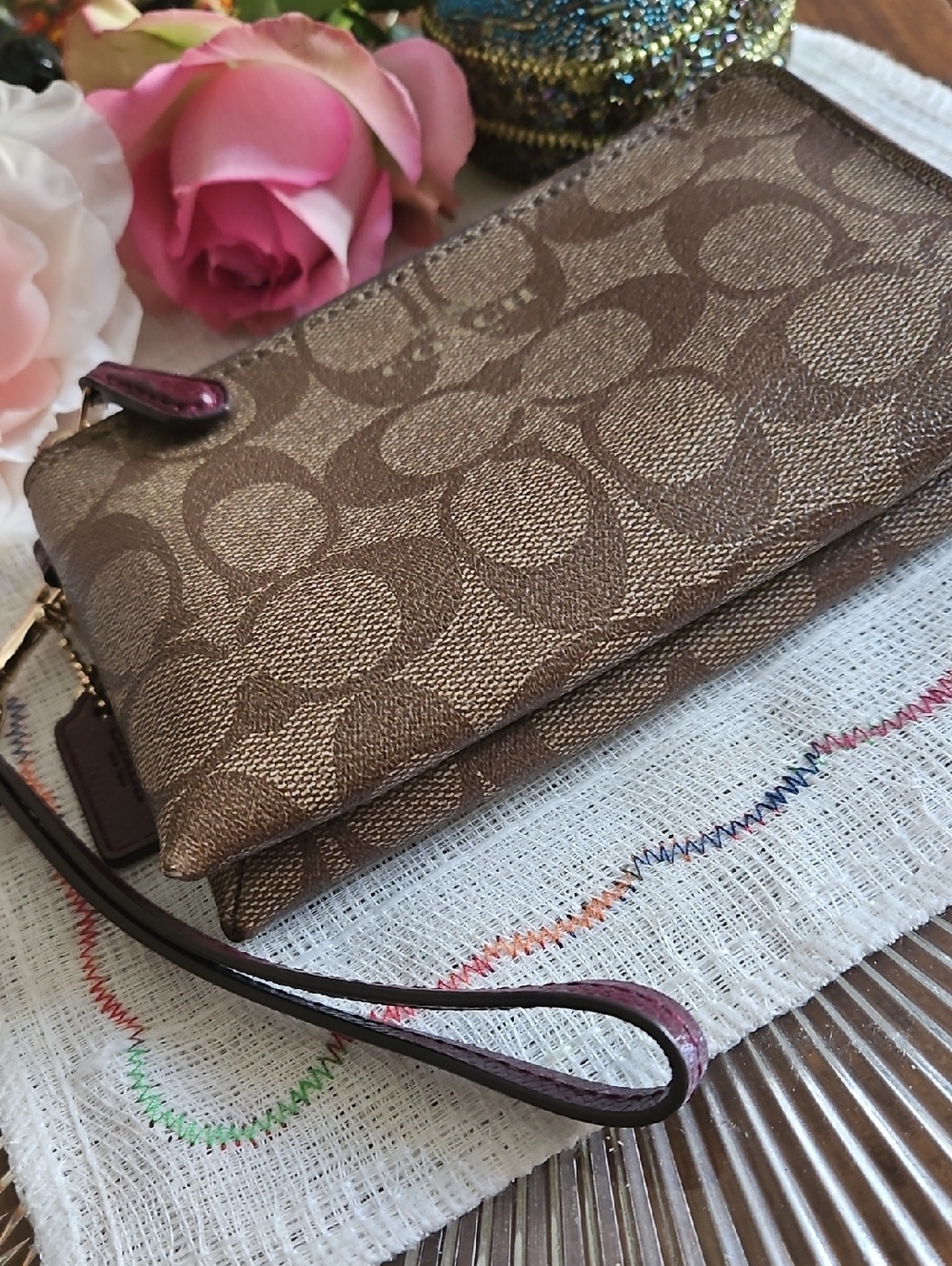 Coach 2 Corner Zipper Metallic Brown Signature Wristlet with Burgundy Strap